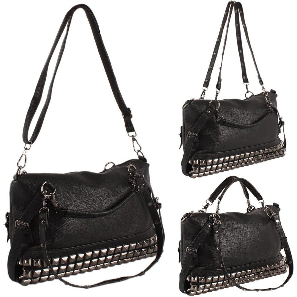 Punk Rivet Hobo Handbag for Women Large Crossbody Faux Leather Black Stylish Ret - Picture 3 of 6